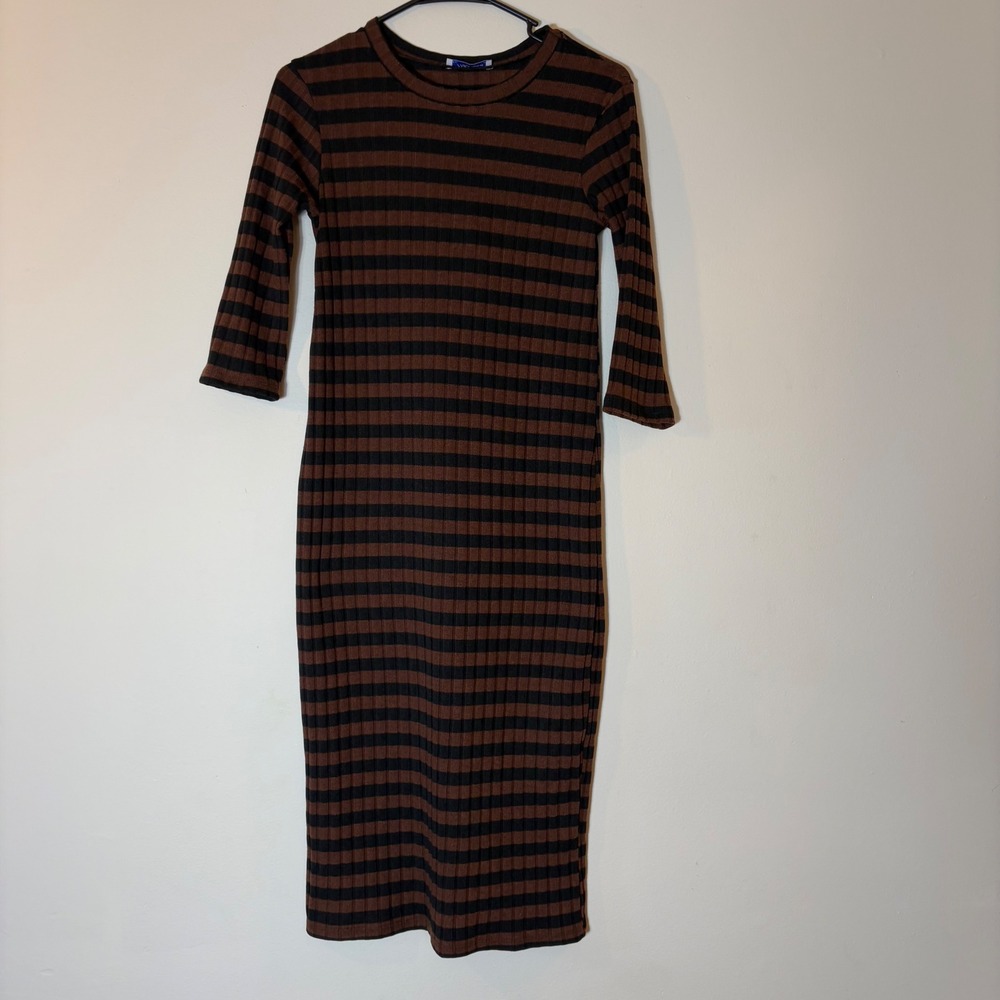 Zara Trafaluc Ribbed Knit Midi Dress Brown Black Striped 3/4 Sleeve Casual Small